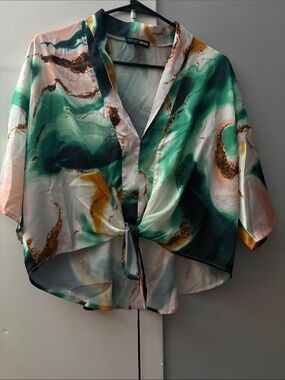 Fashion Nova Emerald Marble Tie-Front Blouse
